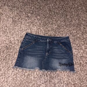 Harley-Davidson Blue Denim Frayed Hem Mini Skirt with Stud Accents